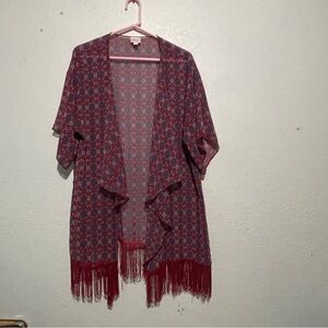 Lula Roe Red Geometric Patterned Kimono with Fringe Sz L